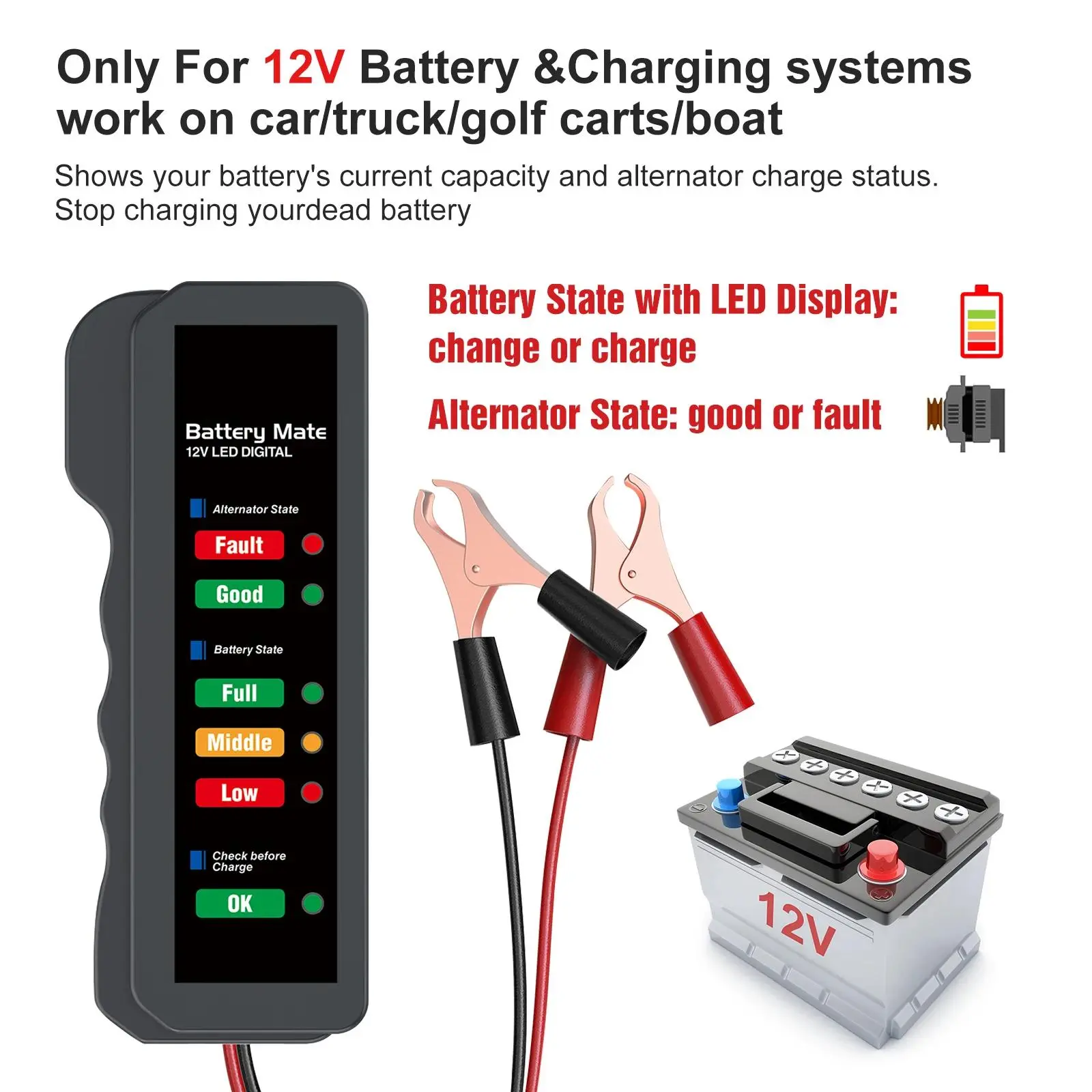 Car Battery Tester 12V for Car Motorcycle BM310 6 LED Display Automotive Battery Alternator Tester Scanner Car Diagnostic Tool