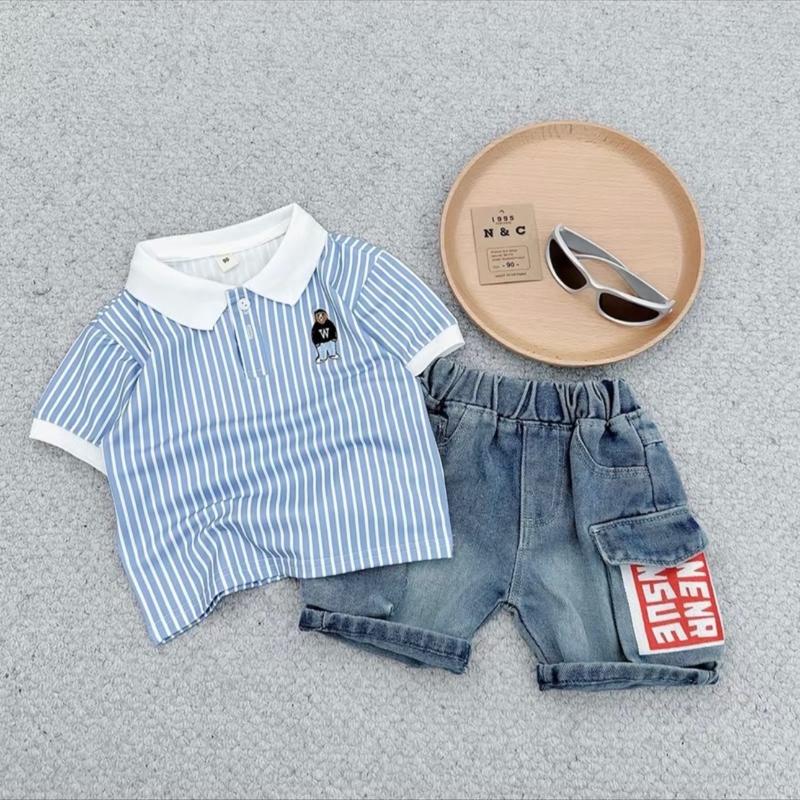 Set bộ polo kẻ gấu áo phông + quần bò túi hộp size 8-26kg