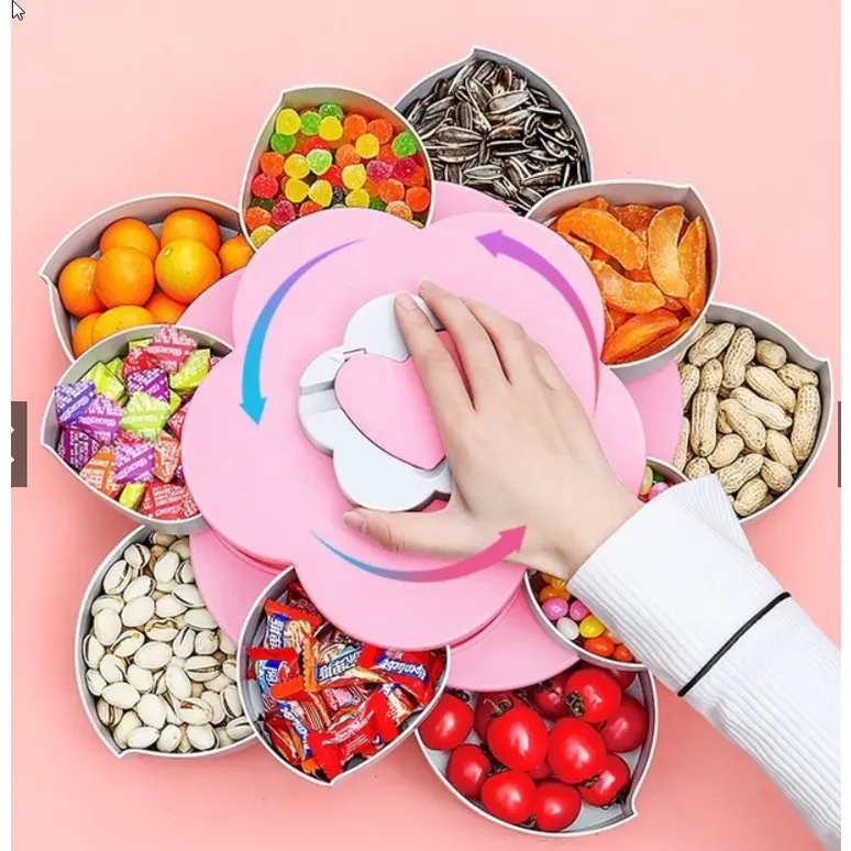 Hộp Mứt Xoay , Khay Đựng Mứt Tết Bánh Kẹo Màu Hồng 2 Tầng 10 Cánh Sen Xoay