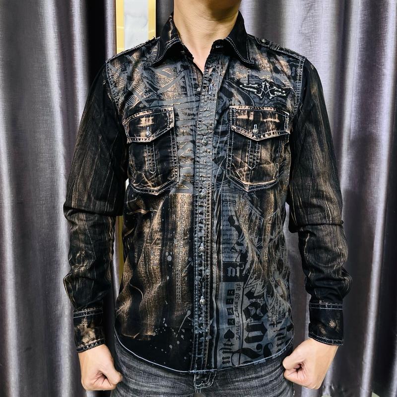 Áo sơ mi nam tay dài màu đen wash ánh đồng, họa tiết in thêu đại bàng, nút hợp kim đồng