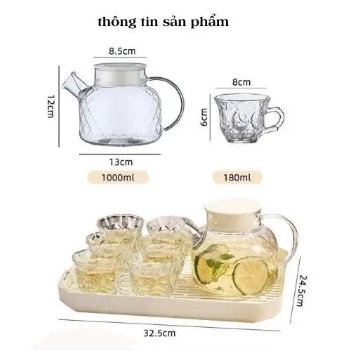 Bộ ấm chén pha trà thuỷ tinh chịu nhiệt cao cấp 6 cốc kèm khay có lọc tiện dụng 7