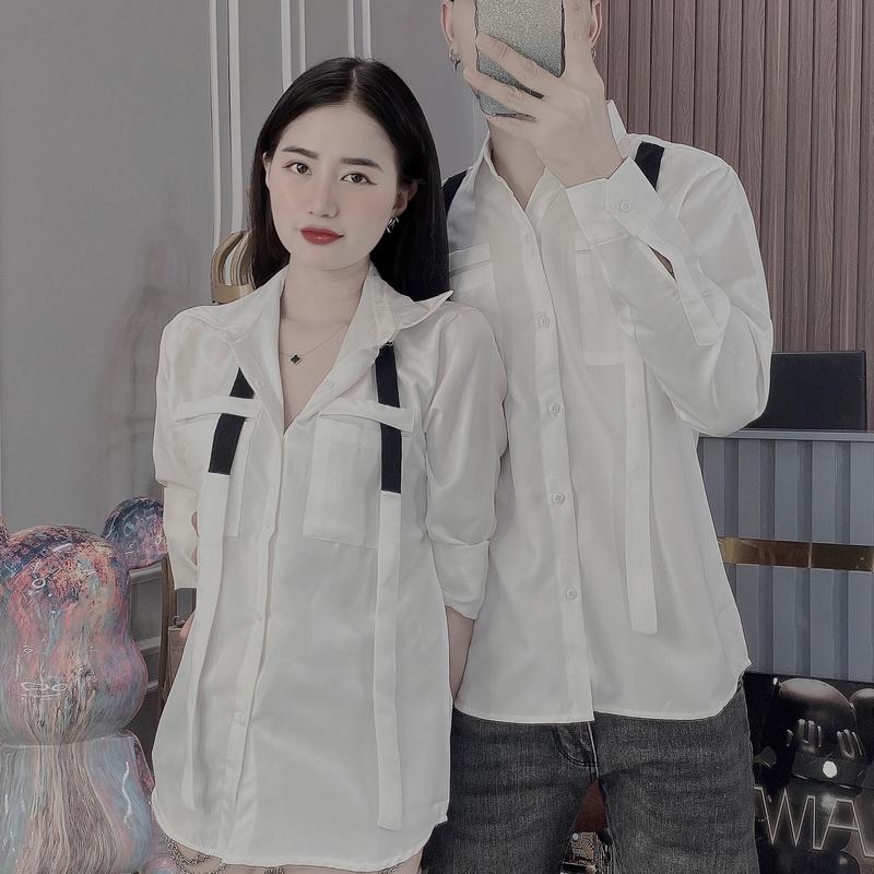 Áo Sơ Mi Đôi Vải Lụa Dài Tay 2 Túi Phối Dây Trẻ Trung . Menswear Nam