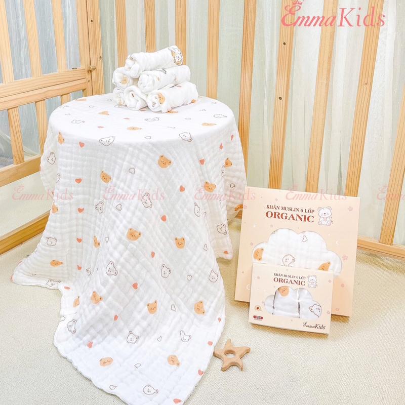 Combo 1 Hộp Khăn Tắm Organic 6 Lớp Emmakids 85 x 110cm +1 Hộp Khăn Sữa Muslin 6 Lớp 30 x 30cm Dành Cho Bé Sơ Sinh Kem