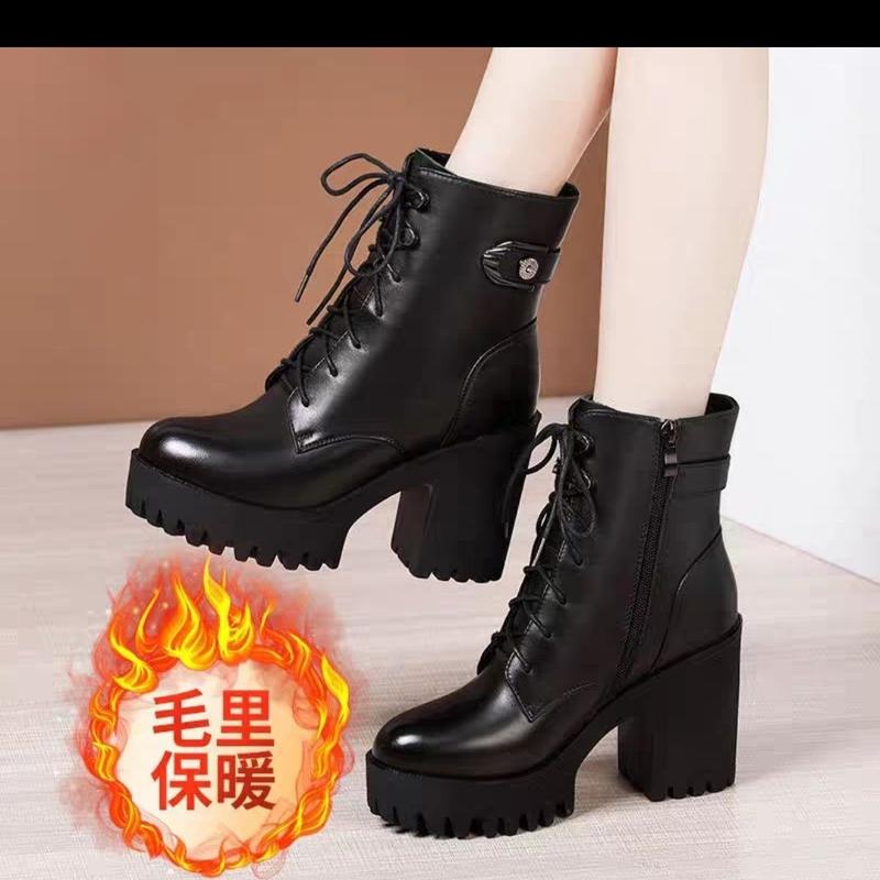 Giày Cao Gót Đế Xuồng Chống Thấm Nước Cho Nữ Bốt Cao Gót Lót Lông Cừu Ren Mũi Tròn Giữa Mùa Thu Và Mùa Đông