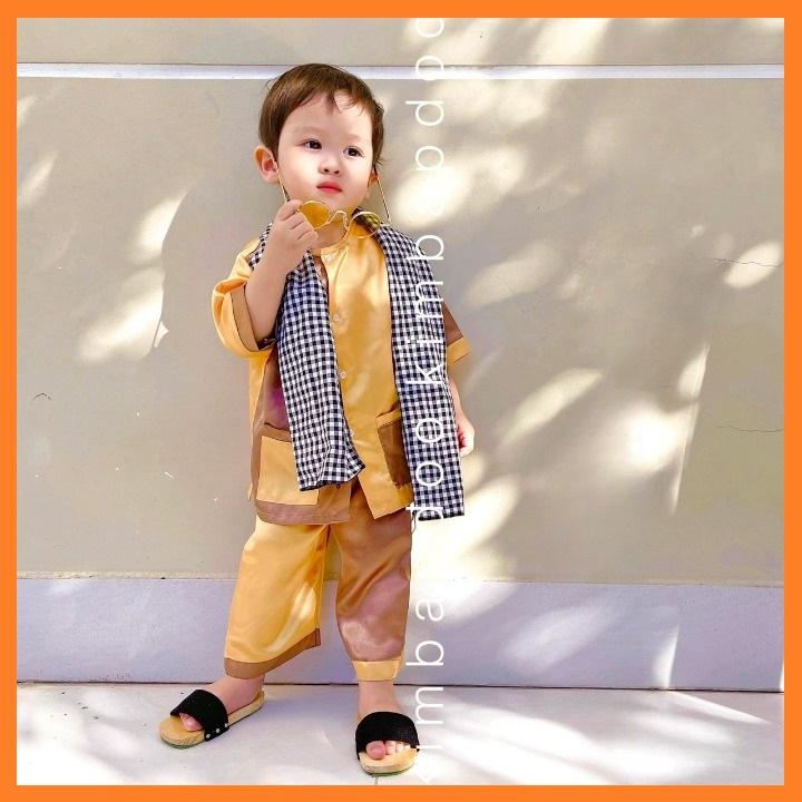 Bộ quần áo bà ba trẻ em màu Vàng Bò - (Không kèm khăn) - Chất Lụa mềm mại, thấm hút mồ hôi - mặc đi học, đi tiệc, đi chơi cho bé