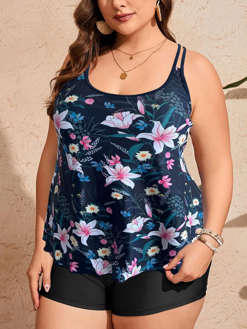 Product Introduction of 【Plus Size】 Floral Print Tankini Set, Casual Adjustable Strap Scoop Neck Top & Shorts, Women's Two-piece Swimsuit for Summer Beach Holiday Vacation 2