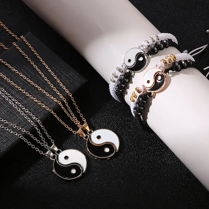 Bộ Vòng Tay Và Vòng Cổ Cặp Đôi Âm Dương, 2 Chiếc, Mặt Dây Chuyền, Vòng Tay Dây Chuyền Bện Có Thể Điều Chỉnh Vòng Tay Người Yêu Phù Hợp, Kiểu Choker, [Lww] Unisex Nam