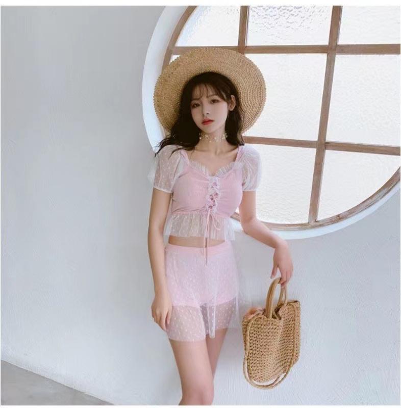 Product Introduction of Lace Swimwear Ladies Korean Swimsuit Fairy Lotus Leaf One-piece Boxer Skirt Short Sleeve Chest Pad Conservative Belly Cover Girl 9