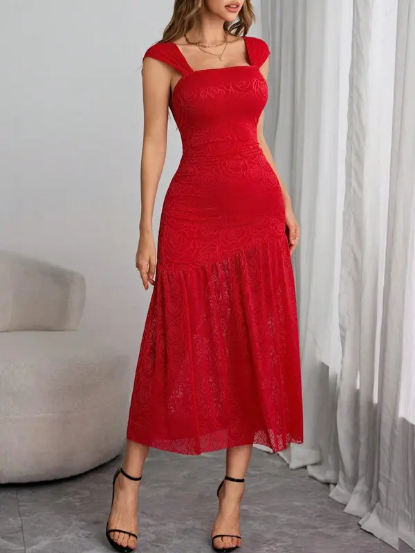 Women's Plain Floral Print Contrast Mesh Semi-sheer Mermaid Dress, Formal Elegant Backless Midi Dress for Party Club Dating Wear, Ladies Summer Clothes, Summer Dresses 2025, Womenswear 6