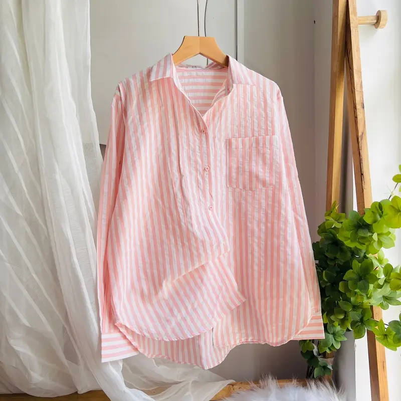 ( XÃ KHO ) Áo Sơ Mi Nữ Tay Dài Phom Rộng Chất Coton Đũi Mềm Mát Có Túi - Women's Top Shirt Kem Voi Nhung 3