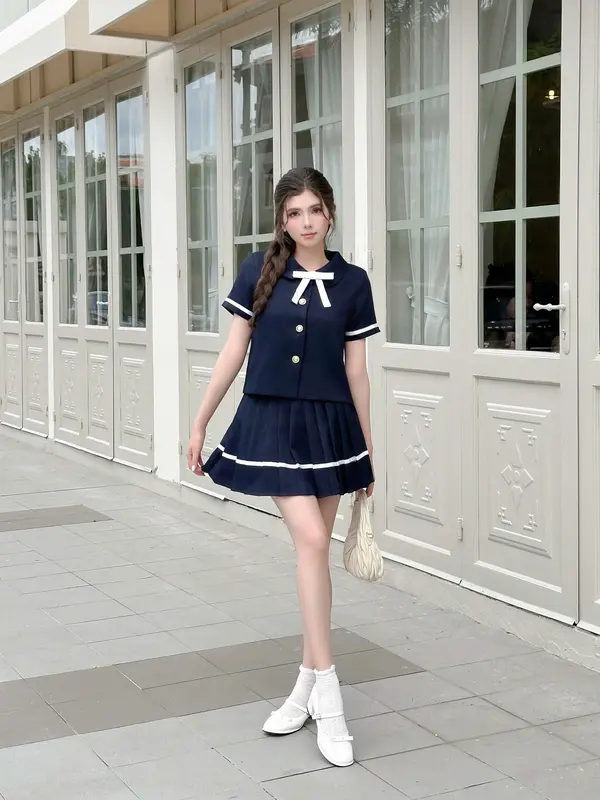 Set Váy Dạ Tex Cổ Sen Phối Nơ Xinh Mix Chân Váy Xếp Li Sang Chảnh, Tiểu thư, Fiona Set- SET14 [LALA DESIGN], [S-XXL] Nữ Women 4