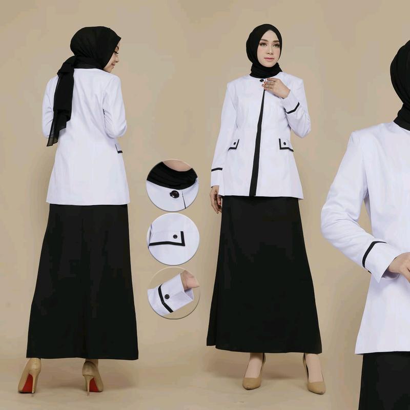 SERAGAM KERJA DINAS HITAM PUTIH LIST MIRING ATASAN / SET ROK SPAN HTM / SET ROK A HITAM / SET CELANA PANJANG HITAM  BAHAN KATUN FREE HIJAB 1