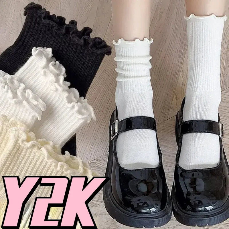 Vớ Xù, Dành Cho Nữ, Màu Trắng Và Đen, Phong Cách Lolita Diềm Xếp Nếp, Nhật Bản, Nữ Tính, Dễ Thương Và Kawaii, Làm Bằng Bông, Vớ Phi Công Công Chúa Harajuku