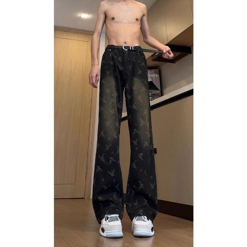 Quần Jean Ống Loe Jacquard, In Đầy Đủ, Màu Đen Và Xám, Dành Cho Nam Cao 1m8, Quần Làm Dài Chân, Phong Cách Đường Phố Cao Cấp Mỹ, Quần Dao Cong