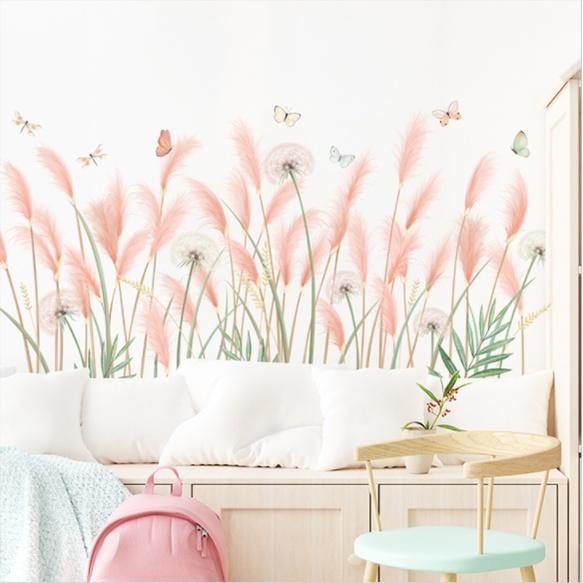 Decal trang trí tường - Chân tường cỏ bông lau hồng