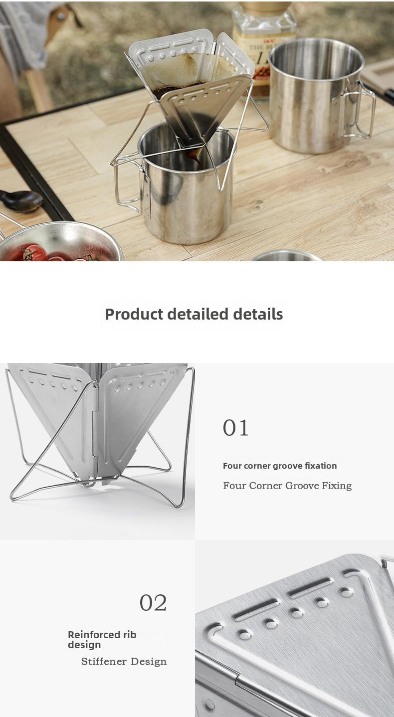 Product Introduction of Portable Outdoor Camping Coffee Filter Rack Stainless Steel Folding Funnel with Bracket Filter Cup Coffee Drip Rack 6