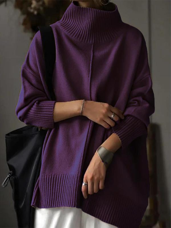 Women's Solid Color Drop Shoulder High Neck Sweater, Casual Long Sleeve Jumper for Spring & Fall, Fashion Women's Knitwear for Daily Wear 4