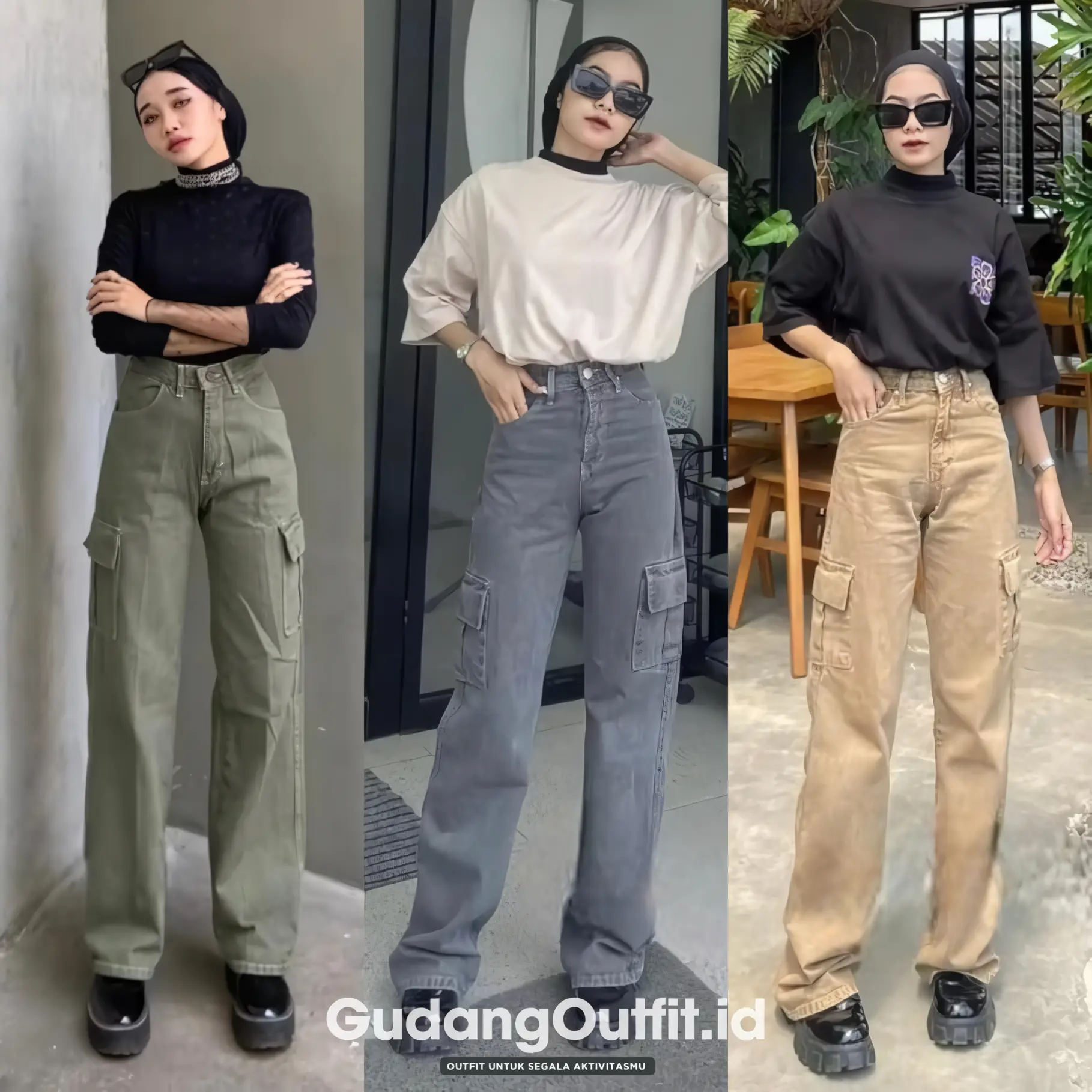 Celana Cargo Highwaist Jeans Loose Wanita panjang Polos Hitam Cewek Dewasa