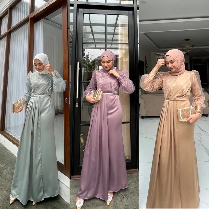 Salwaa Maxi Dress Silk Tulle Mutiara Kombinasi Brukat-Long Dress Silk Premium Free Belt