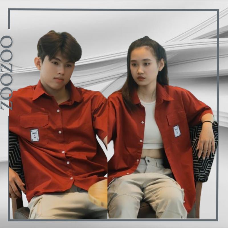 Zoozoo - Áo Sơ Mi Kaki HOME Tay Ngắn 1 túi Cổ Điển, Phong Cách unisex Nam Nữ Trắng đen nâu đỏ