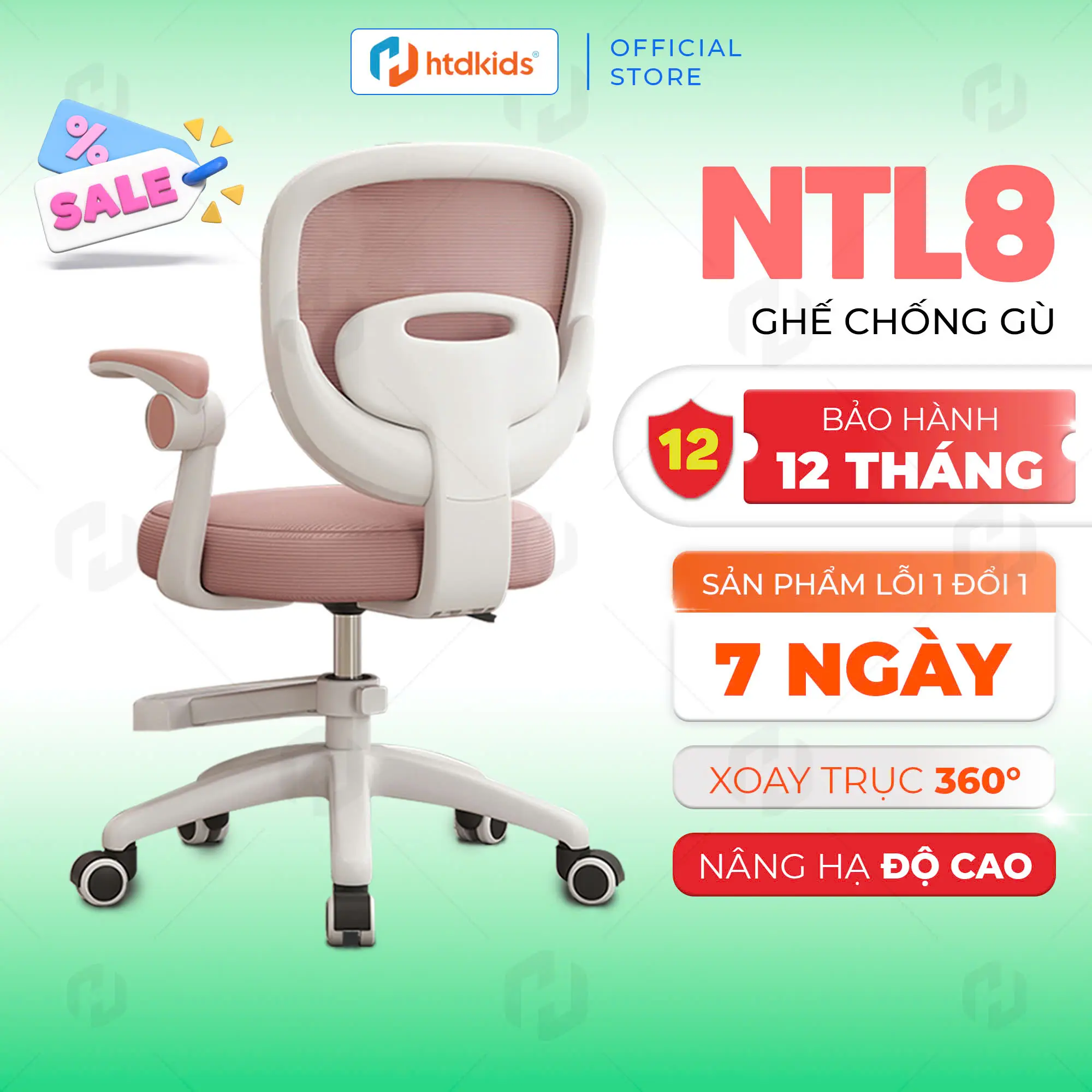 Ghế học sinh chống gù HTDkids NTL8, cho các bé từ tiểu học tới trung học phổ thông, gác chân tiện lợi, đệm ngồi êm ái, tựa lưng thoáng khí