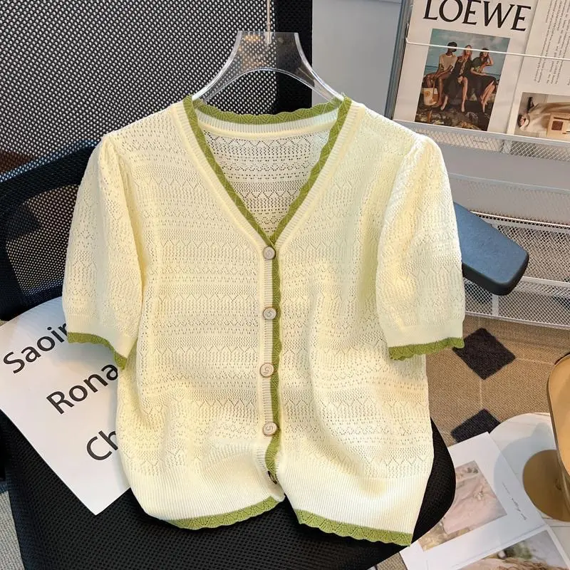 Áo Cardigan Dệt Kim, Chất Liệu Lụa Lạnh Mỏng Mùa Hè, ngắn Tay, Thiết Kế Cổ Chữ V Mới, Cạp Cao, Phong Cách , Thích Hợp Cho Giới Trẻ, Dài Ngắn