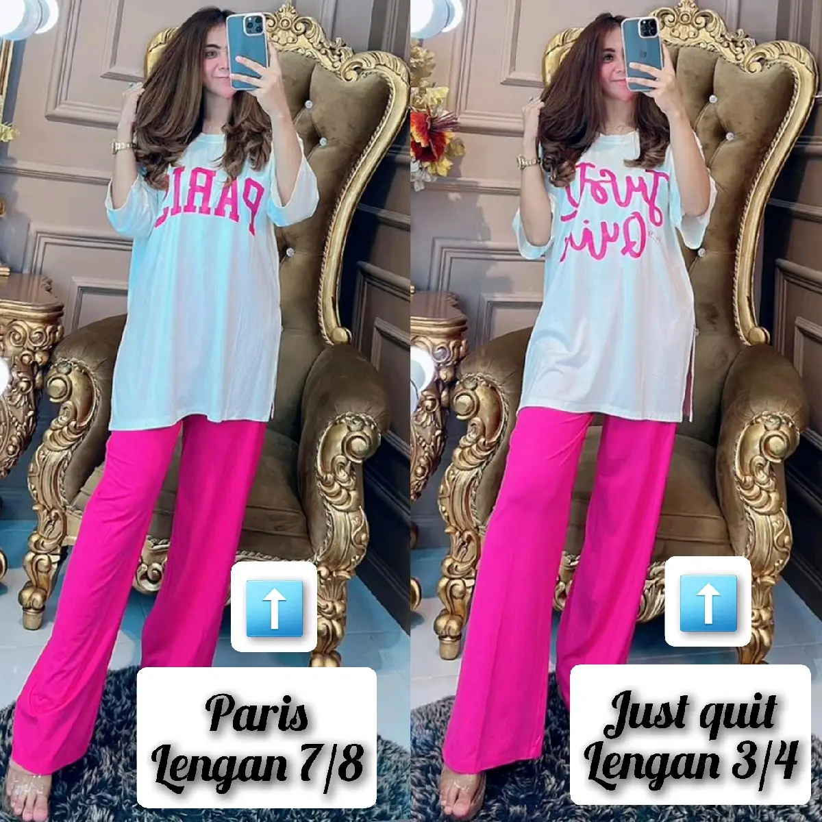 SALE oneset Paris & just quit by rgb setelan viral Cokelat Kaos Sablon