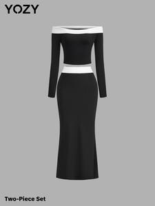 YOZY Women's Tummy Flattering Colorblock Off Shoulder Top & Bodycon Skirt Two-piece Set, Elegant Fashion Casual Long Sleeve Top & Split Hem Skirt for Daily Outdoor Wear, Women's Clothing for Spring Fall