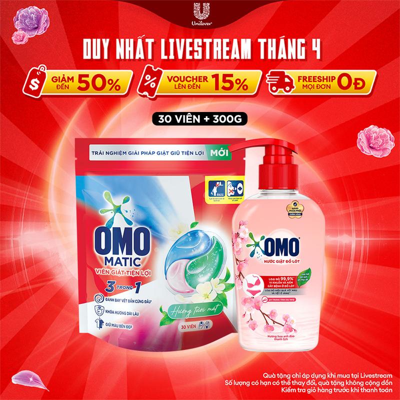 Combo Túi viên giặt tiện lợi OMO 3 trong 1 Hương Tươi mát (30 viên/túi) và Nước Giặt Đồ Lót OMO Hương Hoa Anh Đào Thanh Lịch 300G [1]