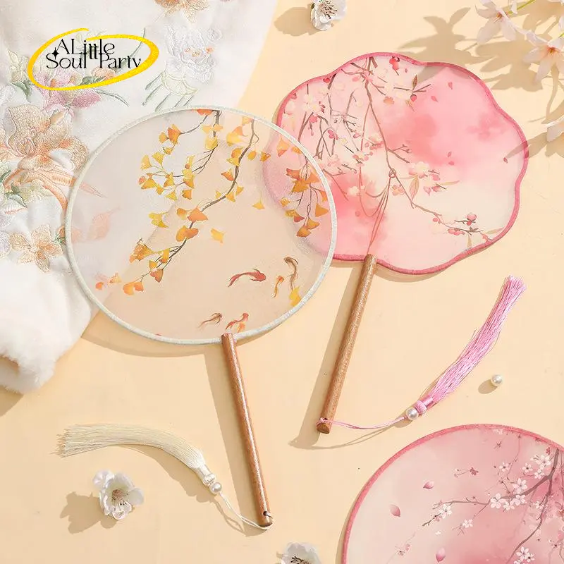 Ancient Style Semi-Transparent Circular Fan Children's Han Chinese Costume Fan Girls Cheongsam Dance Fan Summer Chinese Style Ancient Costume Court round Fan