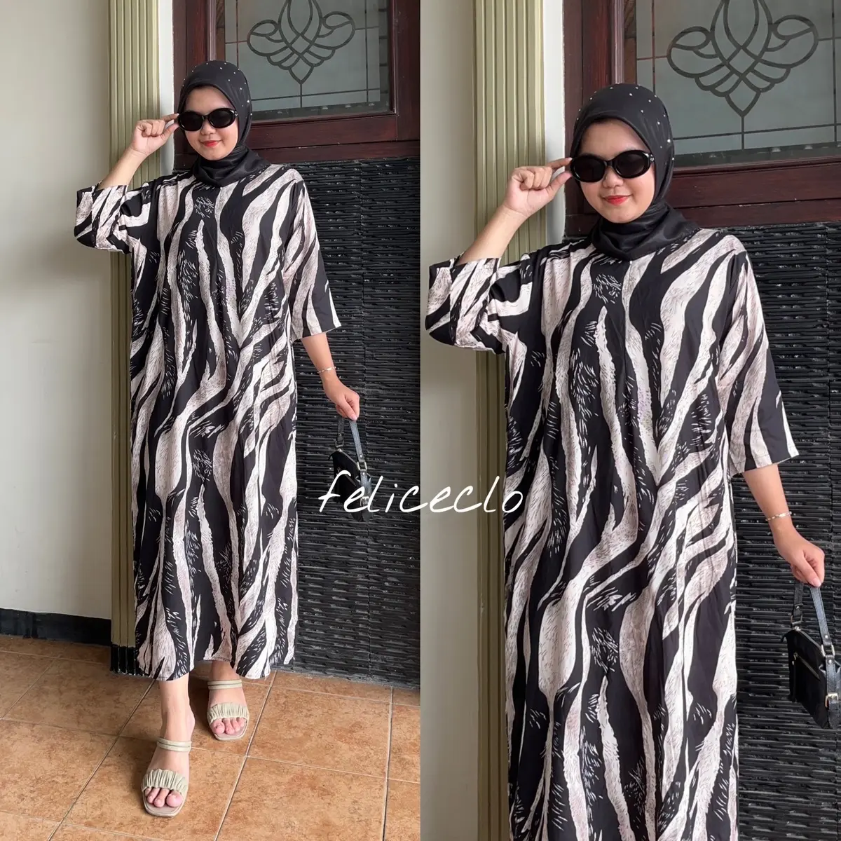 Feliceclo - Daster Gamis Rayon Lengan 3/4 Motif Muslim Dewasa Dress Wanita