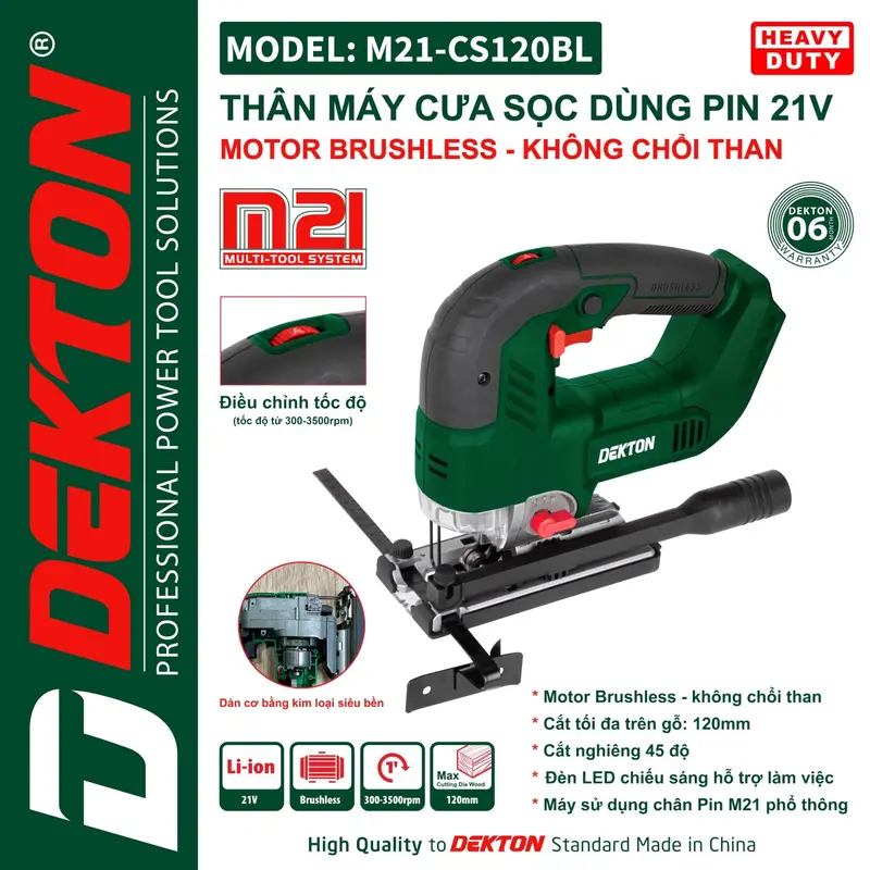 Máy cưa lọng dùng pin Dekton M21-CS120BL Cắt nghiêng 45 độ, cắt tối đa trên gỗ 120mm. Có công tắc điều chỉnh được tốc độ. 2