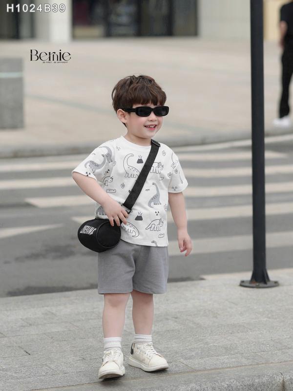 Bộ quần áo hè khủng long xám chất vải cotton thông hơi mềm mại thoáng mát cho bé đi học đi chơi size 9-23kg