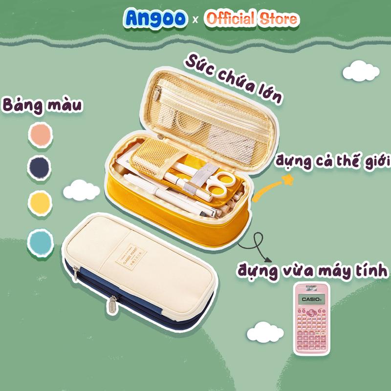 Hộp bút vải canvas Angoo túi bút double pen case bóp viết nhiều ngăn đa năng 6 màu dung tích lớn