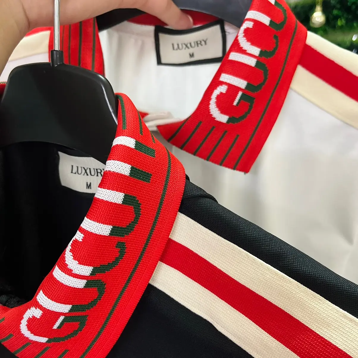 Áo polo nam viền tay sọc đỏ cổ đỏ bo dệt G.I phong cách boy phố Có Cổ Menswear Ngắn Tay Shirt Cộc Tay Tay Ngắn