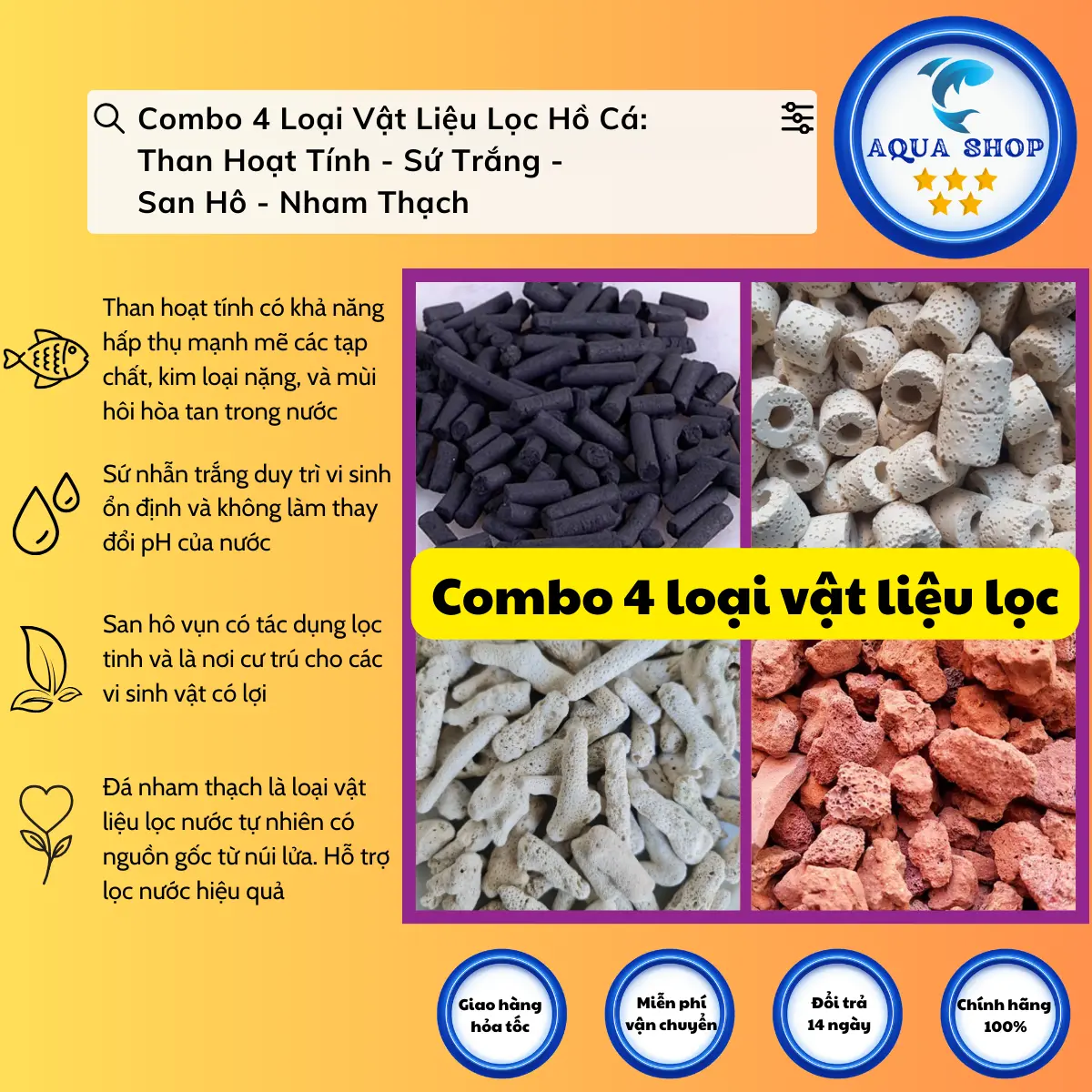 Combo 4 Loại Vật Liệu Lọc Hồ Cá: Than Hoạt Tính - Sứ Trắng - San Hô - Nham Thạch