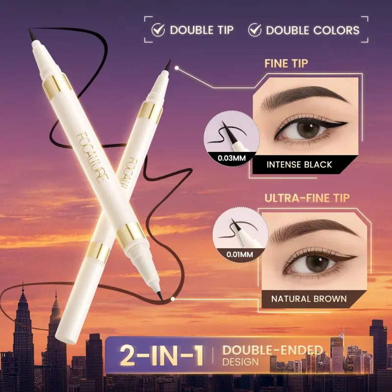Bút Kẻ Mắt Kép, FOCALLURE, Màu Đen Và Nâu, Bút Kẻ Mắt Cực Mịn, Dung Dịch Không Thấm Nước, Nhanh Khô, Chống Nhòe, Lâu Trôi, Dễ Tẩy Trang Mắt, Siêu Mịn 5