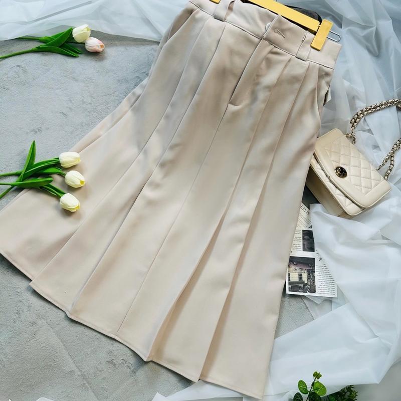 Chân Váy Nữ Xếp Ly Công Sở Nữ Thanh Lịch,  Women Nhung Voi. Dáng Dài 75Cm Chất Liệu Tuyết Mưa Vitex Kem. , Đủ Size Cho Mọi Dáng Người 2