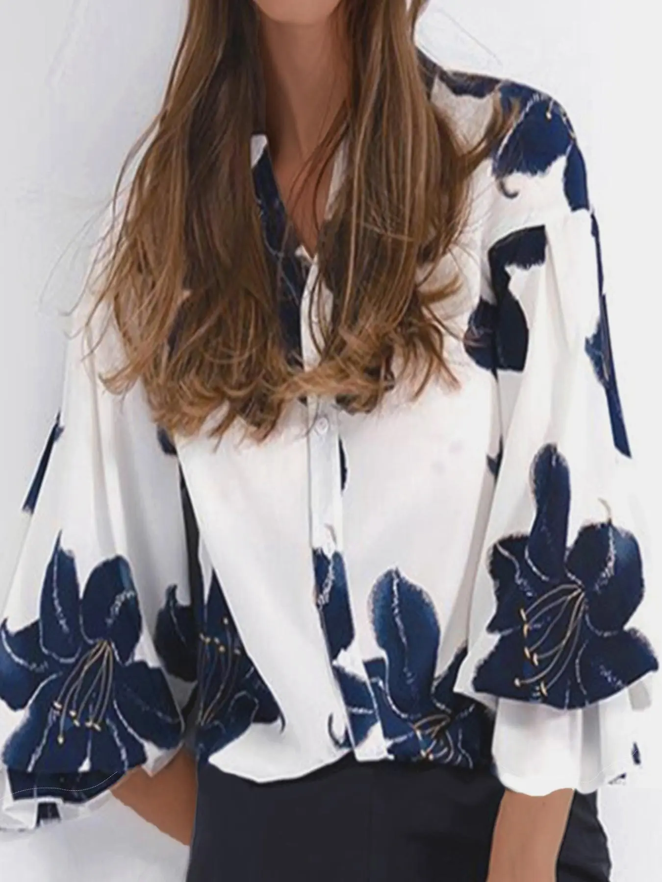 Women's Floral Print Ruffle Hem Button Front Blouse, Elegant Long Sleeve Top for Spring & Fall, Ladies Clothes for Daily Wear