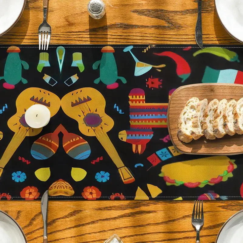 Mexican-themed Table Runner, Colorful Mexican-inspired Design Table Runner, Durable Indoor Outdoor Use Table Decor for Kitchen, Dining Room, Party 4