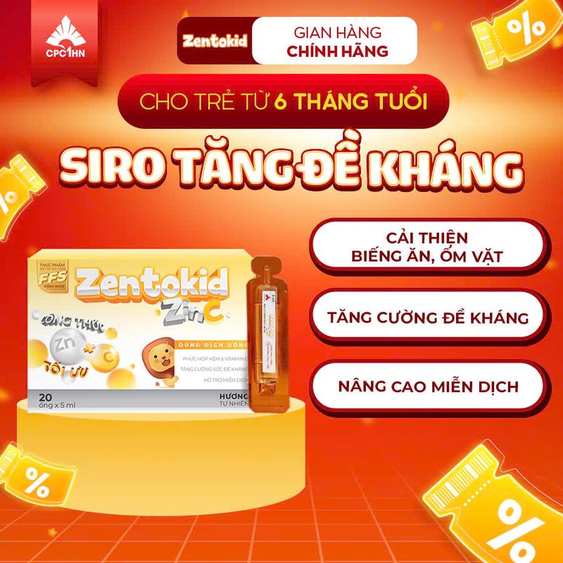 Siro Tăng Đề Kháng Zentokid ZinC Bổ Sung Kẽm Và Vitamin C Tự Nhiên Cho Bé Hộp 20 Ống