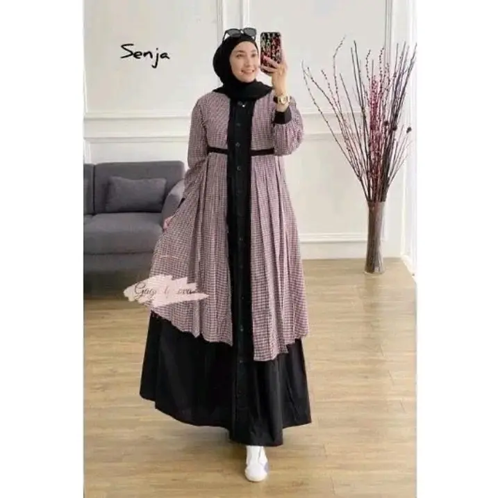 Senja One Set Dress Bahan katun linen rami Gamis Set Outer Remaja terbaru 2024 Simple  Muslim Pesta 3