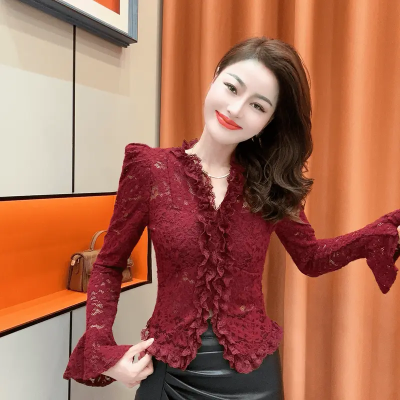 Áo Sơ Mi Ren Dài Tay Áo, Phong Cách Pháp, Chất Lượng Cao Cấp, Màu Trơn Và Cổ Chữ V, Thiết Kế Khâu, Dành Cho Nữ, Hàng Mới Về Mùa Thu, Áo Mỏng, Ins, Năm 2025 3