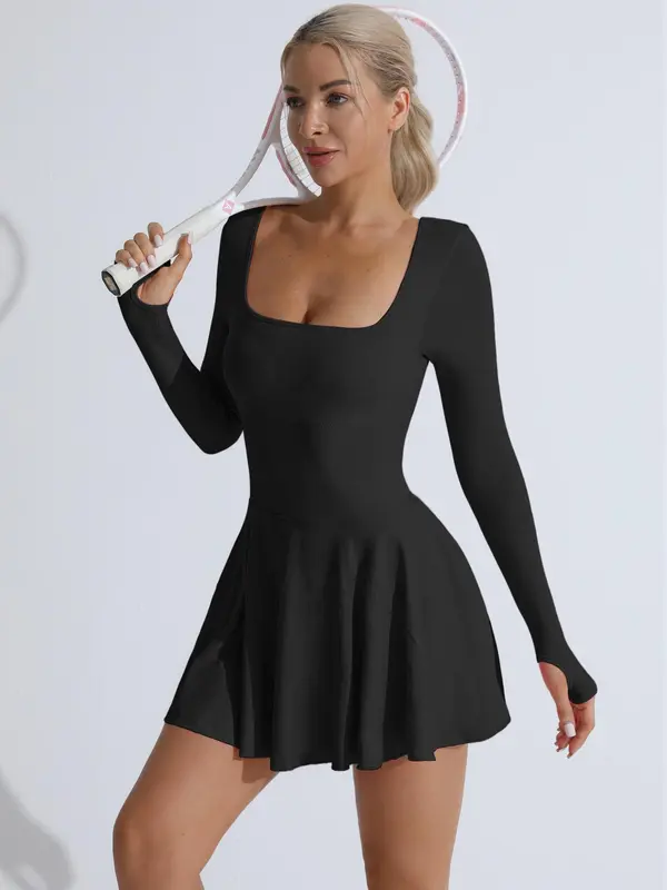 Women's Solid Criss Cross Backless 2 in 1 Sports Dress, Long Sleeve Square Neck Tennis Dress, Gym Wear, Ladies Sportswear for Indoor Outdoor Wear Valentine's Day, Gift, Activewear 2