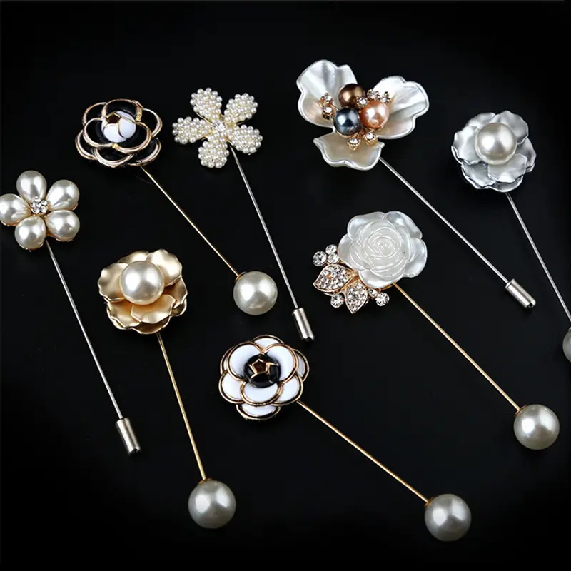 Camellia Brooch Metal Pin Black White Flower Rose Pearl Female Hijab Pins Brooches Women Accessory Fashion Jewelry Shawl Scarf Accessories Rhinestone Turban Clip