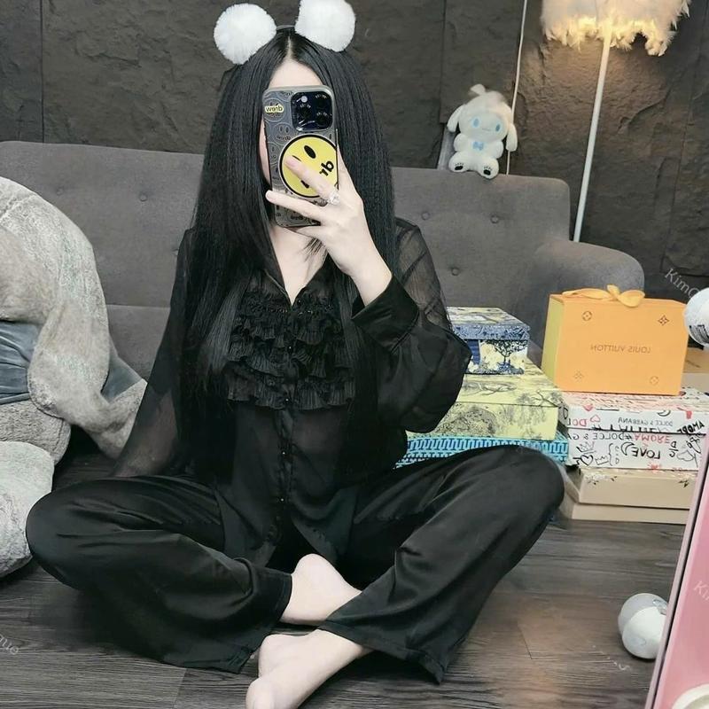 Bộ Đồ Ngủ Nữ Tay Dài Chất Lụa Latin Mềm Mại Phối Vải Voan Có Lót Trong Freesize Women setdomac nhaxinh pizamanu 4