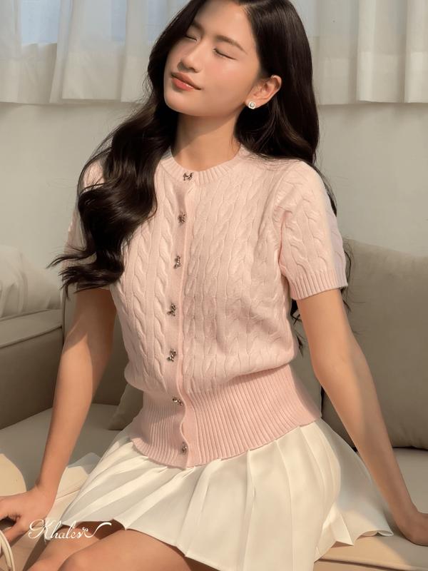 Áo len ngắn tay dệt kim mỏng cổ tròn Suri top by Khales hai màu hồng/be phối cúc nơ 2