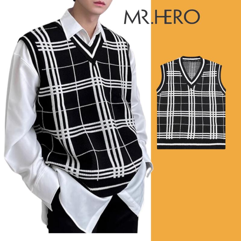  Áo len gile nam form rộng màu đen trắng caro GL02 Mrhero phong cách Hàn Quốc 