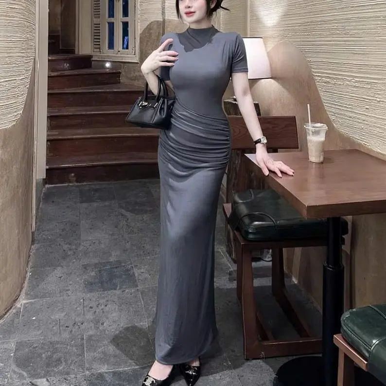 Đầm Body Cổ Cao Tay Ngắn Giấu Bụng dáng dài tôn dáng 4