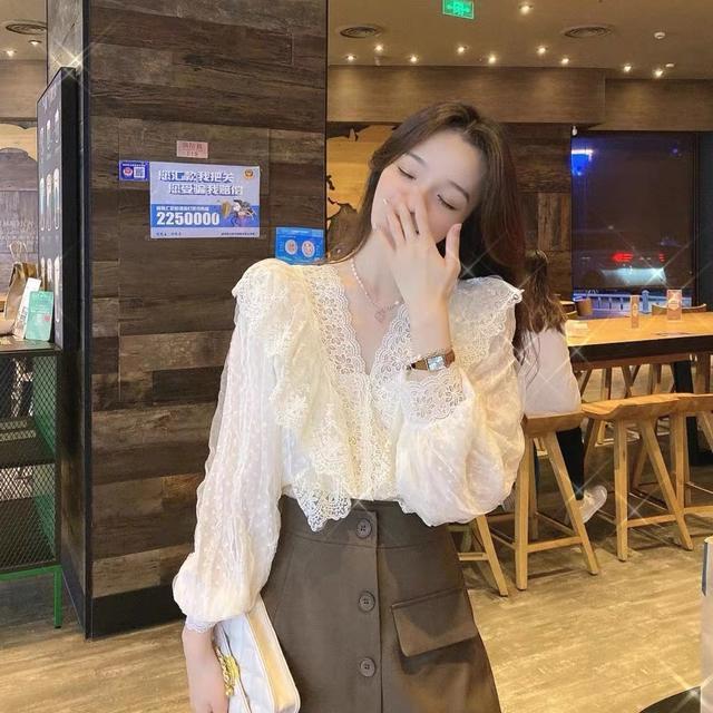 Áo Sơ Mi Ren Cổ Chữ V, Phong Cách Pháp, Dành Cho Nữ, Thiết Kế Đẹp, Độc Đáo Và Sang Trọng, Thời Trang, Áo Sơ Mi Dài Tay Áo Xếp Ly Hợp Xu hướng Women Top Shirt Trắng Cổ Tròn 1